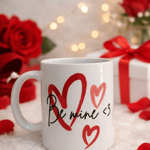 Romantic “Be Mine” personalised mug with red hearts, perfect gift for her